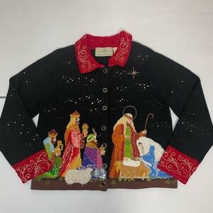 Design Options Philip & Jane Gordon Bead Christmas Cardigan Sweater Nativity SM